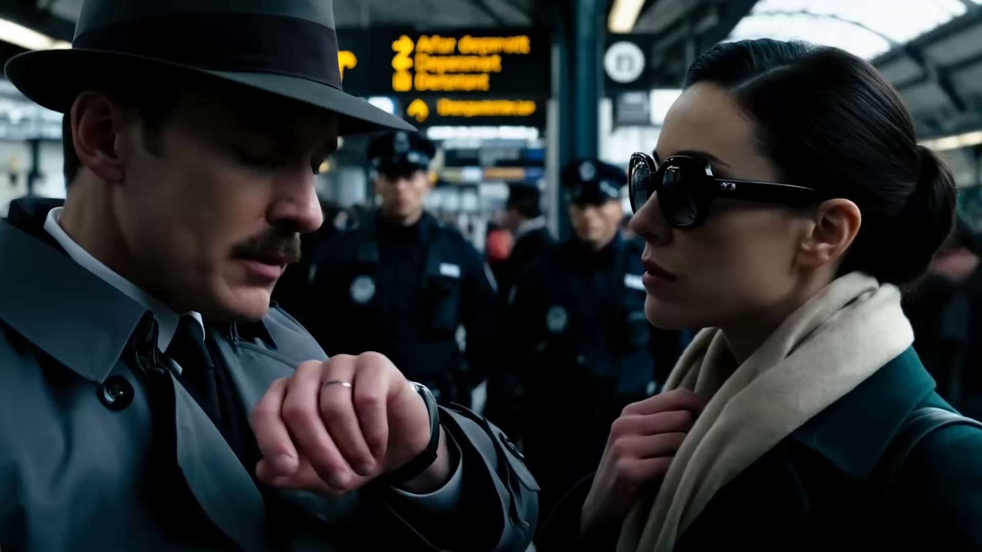 A close up of spies exchanging information in a crowded train station with uniformed guards patrolling nearby "The microfilm is in your ticket" he murmured pretending to check his watch "They're watching the north exit" she warned casually adjusting her scarf "Use the service tunnel" Commuters rush past oblivious to the covert exchange happening amid announcements of arrivals and departures