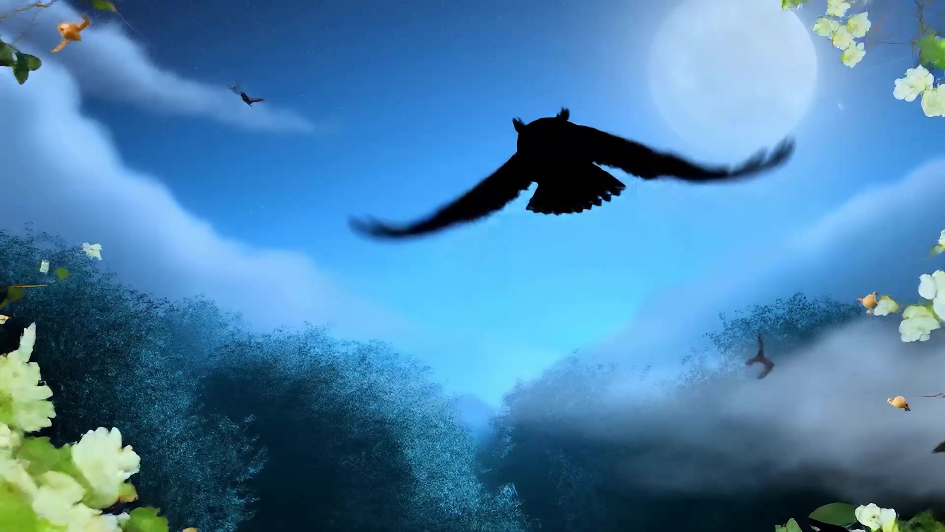 A follow shot of a wise old owl high in the air, peeking through the clouds in a moonlit sky above a forest. The wise old owl carefully circles a clearing looking around to the forest floor. After a few moments, it dives down to a moonlit path and sits next to a badger. Audio: wings flapping, birdsong, loud and pleasant wind rustling and the sound of intermittent pleasant sounds buzzing, twigs snapping underfoot, croaking. A light orchestral score with woodwinds throughout with a cheerful, optimistic rhythm, full of innocent curiosity.