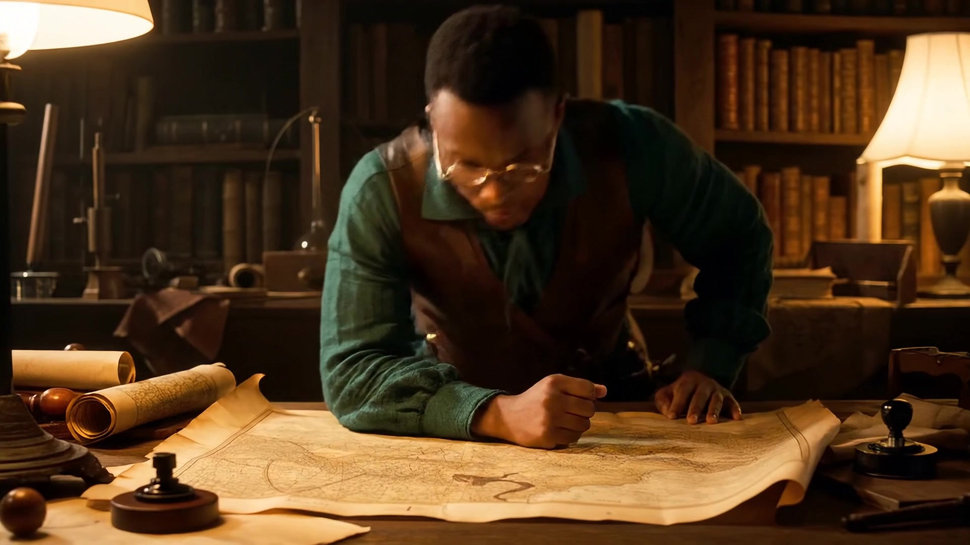 A medium shot, historical adventure setting: Warm lamplight illuminates a cartographer in a cluttered study, poring over an ancient, sprawling map spread across a large table. Cartographer: "According to this old sea chart, the lost island isn't myth! We must prepare an expedition immediately!"